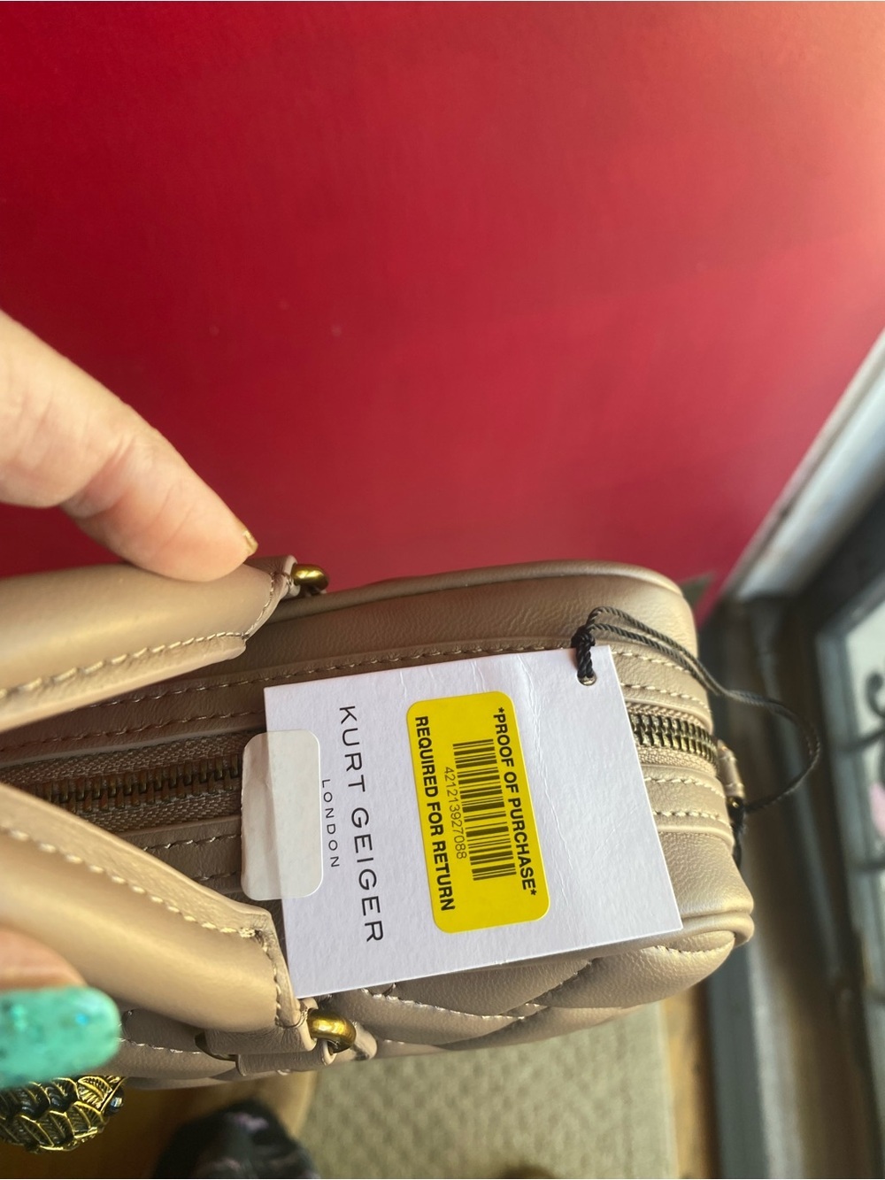 Kurt Geiger NWT Taupe Leather Small Duffle/Crossbody with Crystal Bronze Eagle - Picture 11 of 12